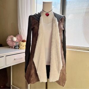 Brown and grey suede faux fur lined long sleeve open front chic cardigan size M